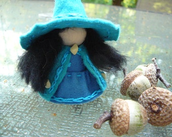 Blue Wool Felt Witch, Peg Doll Witch, Waldorf Inspired, One of a Kind, Minature Witch