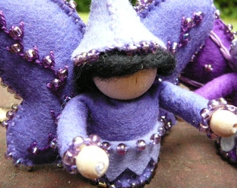 Purple Boy Wool Felt Fairy, Peg Doll Fairy, Waldorf Inspired, One of a Kind, Miniature Fairy Peg Doll