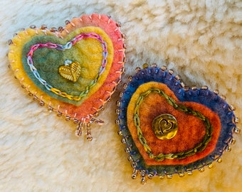 Rainbow Heart Brooch, Mother's Day Heart Brooch, Embroidered Plant Dyed Heart, Birthday Brooch, Waldorf Brooch