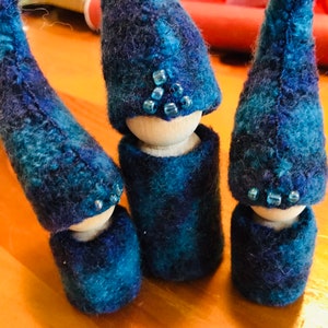 Upcycled Blue Wool Gnomes, Peg Dolls, Small Handmade Waldorf Gnomes, One of a Kind, Art Dolls
