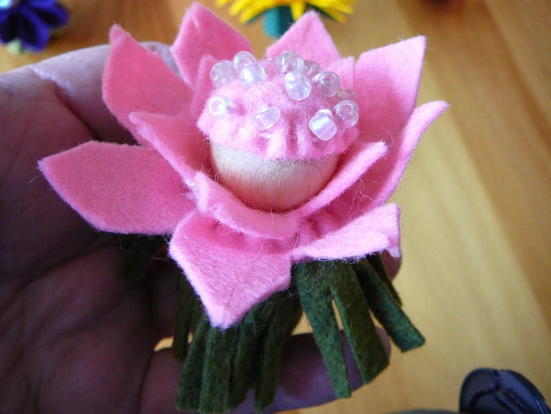 Pink Beaded Peg Doll Flower Fairy, Waldorf Inspired, Small Wool Felt Flower Fairy, image 5