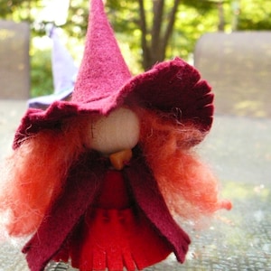 Red Wool Felt Witch, Peg Doll Witch, Waldorf Inspired, One of a Kind, Minature Witch