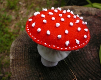 Amanita mushroom, Felt toadstools, Waldorf Inspired, Peg Doll Fungi, Nature Table Mushrooms,  Small Handmade Red Mushroom with white knots
