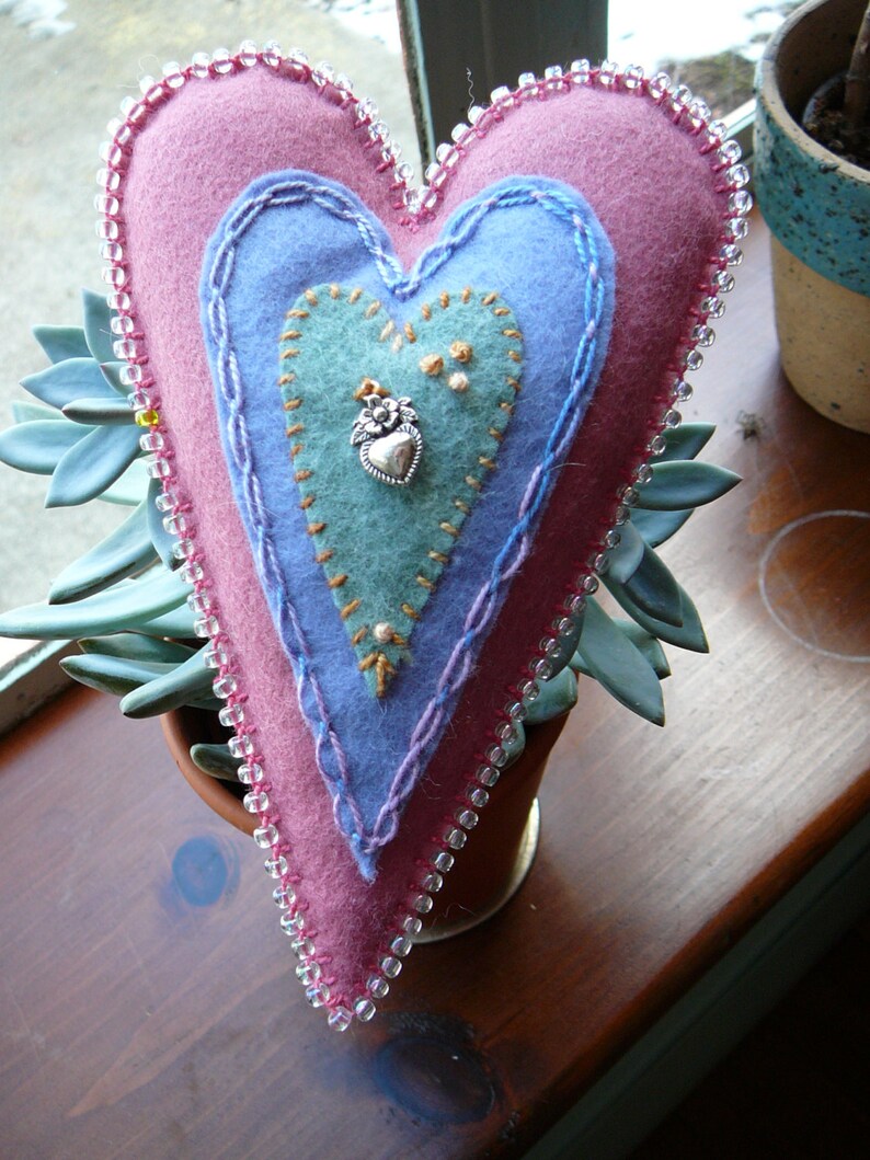 Felt Hanging Heart Waldorf Heart One of a Kind Heart Ornament Home Decoration Heart image 2