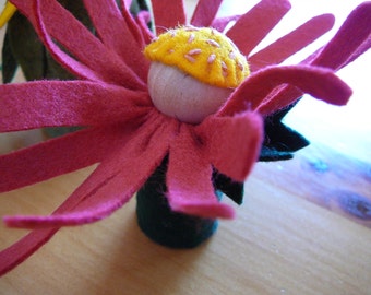 Pink Peg Doll Flower Fairy, Small Pink Daisey Flower, Waldorf Inspired, Wool Felt Flower Fairy