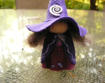 Purple Wool Felt Witch, Peg Doll Witch, Waldorf Inspired, One of a Kind, Minature Witch