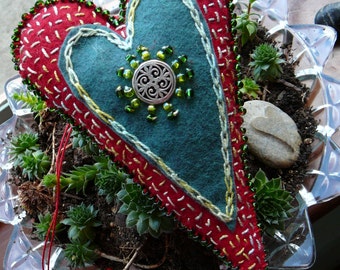 Celtic Hanging Heart,  Waldorf Inspired Heart, One of a Kind Heart Ornament  Red and Green Heart