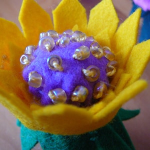 Yellow and Purple Beaded Peg Doll Flower Fairy, Waldorf Inspired, Small Wool Felt Flower Fairy,