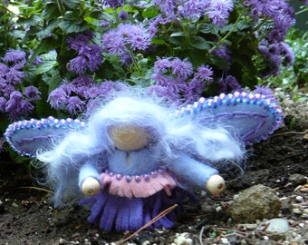 Blue Wool Felt Fairy, Peg Doll Fairy, Waldorf Inspired, One of a Kind, Miniature Fairy Peg Doll