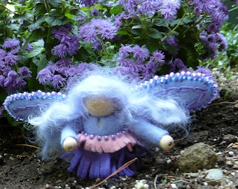 Blue Wool Felt Fairy, Peg Doll Fairy, Waldorf Inspired, One of a Kind, Miniature Fairy Peg Doll