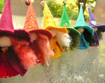 A Rainbow of Witches Set I, Wool Felt Witch, Peg Doll Witch, Waldorf Inspired, Art Doll