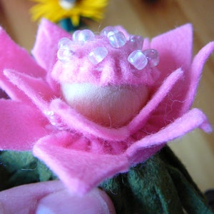 Pink Beaded Peg Doll Flower Fairy, Waldorf Inspired, Small Wool Felt Flower Fairy, image 4