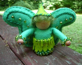 Green Boy Wool Felt Fairy, Peg Doll Fairy, Waldorf Inspired, One of a Kind, Miniature Fairy Peg Doll