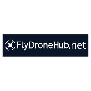 May include: A rectangular dark navy blue sign featuring a white graphic icon of a four-propeller drone on the left side, followed by the white text FlyDroneHub.net in a clean, sans-serif font centered against the solid dark background.
