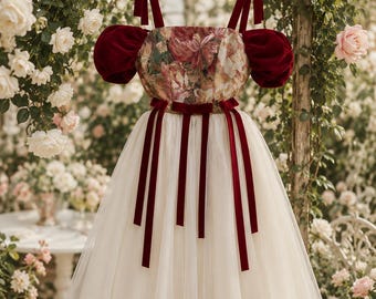 May include: A dress featuring a floral tapestry bodice with dark red velvet puff sleeves, shoulder ties, and a waist ribbon. The skirt consists of multiple layers of cream-colored tulle. The garment is displayed on a wooden hanger.
