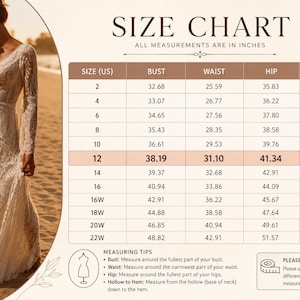 May include: A size chart for a long-sleeved lace dress, featuring a table with columns for US size, bust, waist, hip, and hollow to hem measurements in inches. The chart includes measuring tips and a note regarding a 1-2 inch manual measurement variance.