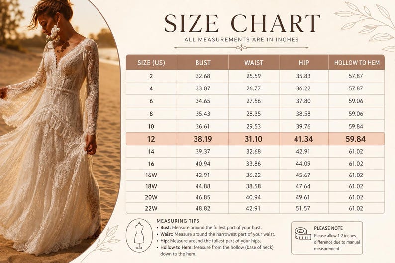 May include: A size chart for a long-sleeved lace dress, featuring a table with columns for US size, bust, waist, hip, and hollow to hem measurements in inches. The chart includes measuring tips and a note regarding a 1-2 inch manual measurement variance.