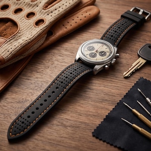 Op de afbeelding: Een chronograaf horloge met een crèmekleurige wijzerplaat, drie zwarte sub-wijzerplaten en een zilverkleurige kast. Het horloge heeft een zwarte geperforeerde rubberen band met oranje stiksels, vergezeld door een beige lederen rijhandschoen en gereedschap.