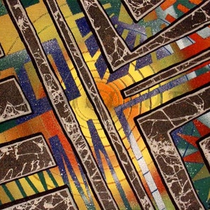 May include: Abstract geometric painting with a mix of black, white, yellow, orange, green, and blue colors. The painting features a series of overlapping squares and rectangles with a textured, marbled effect.