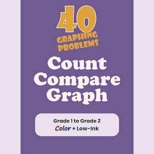 May include: A purple educational worksheet cover featuring the yellow text 40 GRAPHING PROBLEMS and white text that reads Count Compare Graph. Below, a white rounded rectangle contains the text Grade 1 to Grade 2 and Color + Low-Ink.
