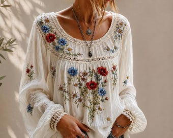 Boho Floral Blouse, Loose Fit Peasant Top, Summer Long Sleeve Shirt
