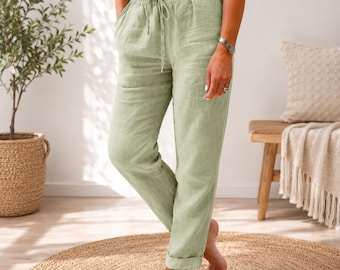 Women's Linen Pants, High Waist Drawstring Trousers, Casual Summer Beach Lounge Fit