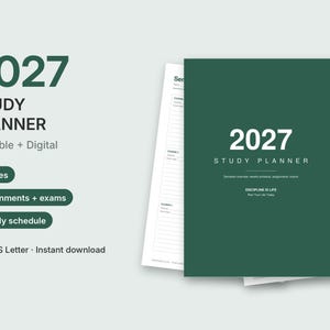 Op de afbeelding: Een studieplanner voor 2027 met een donkergroene kaft met de tekst 2027 STUDY PLANNER, DISCIPLINE IS LIFE en Plan Your Life Today. De planner bevat pagina's voor een semesteroverzicht, wekelijks schema, opdrachten en examens.