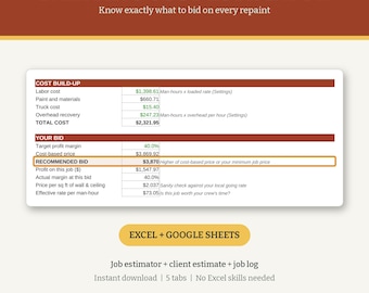 Foglio di calcolo per imprese di pittura, calcolatore dei costi di preventivo (Excel e Fogli Google)
