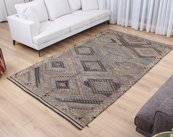 5,45&#39; x 9,32&#39; Turecki zabytkowy kilim Brązowo-zielony kilim Ręcznie tkane dywany Antyczny kilim Dekoracyjny wełniany kilim SZYBKA wysyłka 00004