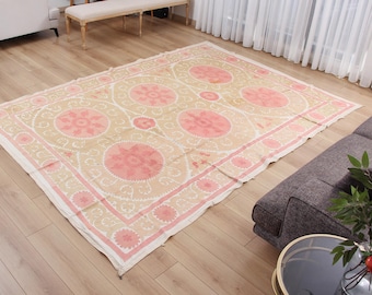 Hand Embroidered Suzani Tapestry, Vintage Uzbek Throw (7.25' x 10.30') Fast Shipment 16614
