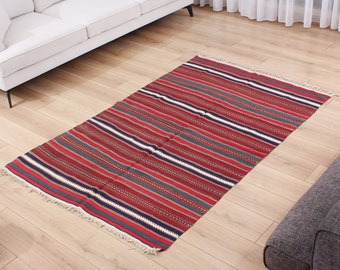 Kilim, Vintage Kilim, Stripe Kilim, 3.97' x 6.36' Handwoven Antique Kilim, Decorative Wool Kilim, Red Blue Green Kilim, FAST Shipment 10997