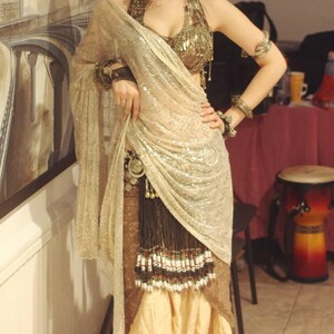 May include: A woman wearing a gold and silver beaded top and a sheer, sparkly, beige sari. She has a bindi on her forehead and a jeweled headpiece.