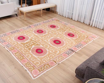 Hand Embroidered Suzani Tapestry, Vintage Uzbek Throw (7.15' x 9.19') Fast Shipment 16612