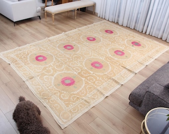 Hand Embroidered Suzani Tapestry, Vintage Uzbek Throw (7.38' x 11.52') Fast Shipment 16609