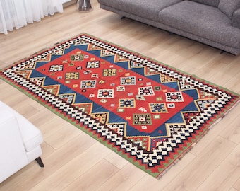 Kilim, Caucasian Kilim, Blue Red Kilim, 4.92' x 8.20' Handwoven Antique Kilim, Old Decorative Wool Kilim, FAST Shipment 07422