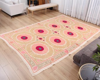 Hand Embroidered Suzani Tapestry, Vintage Uzbek Throw (7.68' x 11.25') Fast Shipment 16613