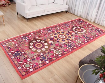Hand Embroidered Suzani Tapestry, Vintage Uzbek Throw (4.99' x 12.01') Fast Shipment 16618