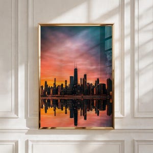 Chicagos skyline-affisch, blåsig stadsväggkonst, vintage Chicago-tryck, Illinois stadslandskapsdekor, urban arkitekturkonstverk, Chicago-present