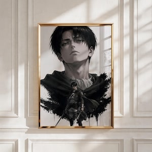 Könnte beinhalten: Ein gerahmter Wandkunstdruck mit einer schwarz-weißen Anime-Illustration einer Figur mit dunklem Haar. Das Kunstwerk zeigt ein großes Porträt der Figur über einer kleineren Ganzkörperfigur, die zwei Schwerter hält, vor einem schwarzen Tuscheklecks.