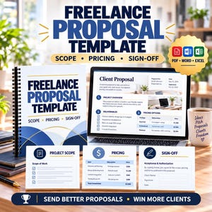 May include: A freelance proposal template set including a spiral-bound document, a laptop displaying a client proposal, and three informational cards labelled Project Scope, Pricing, and Sign-off. A white mug with text and a pen are present.