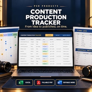 Op de afbeelding: Een digitale contentproductietracker weergegeven op een laptopscherm, vergezeld van geprinte pipeline-, tijdlog- en maandelijkse overzichtsbladen. De interface bevat kolommen voor inhoudstitel, platform, type, status, vervaldatum en notities in een raster.