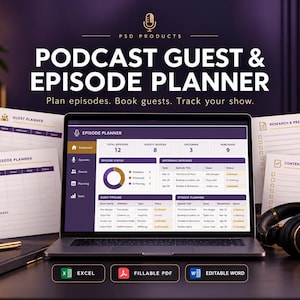 Könnte beinhalten: Ein digitaler Podcast-Gast- und Episodenplaner auf einem Laptop-Bildschirm, umgeben von gedruckten Planungsblättern, einem Mikrofon und Kopfhörern. Der Bildschirm zeigt ein Dashboard mit Episodenstatus, Gast-Pipeline und Planungstabellen.