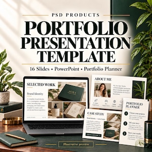 May include: A digital portfolio presentation template for PowerPoint featuring 16 slides. The display shows a laptop screen with a selected work layout, alongside printed cards detailing an about me section, a case study, and a portfolio planner.
