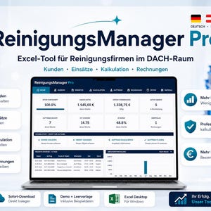 Könnte beinhalten: Ein Laptop-Bildschirm mit der Benutzeroberfläche des Excel-Tools ReinigungsManager Pro für Reinigungsfirmen. Das Dashboard zeigt Daten zu Kunden, Einsätzen, Kalkulationen und Rechnungen mit deutschen Beschriftungen in Blau und Weiß.