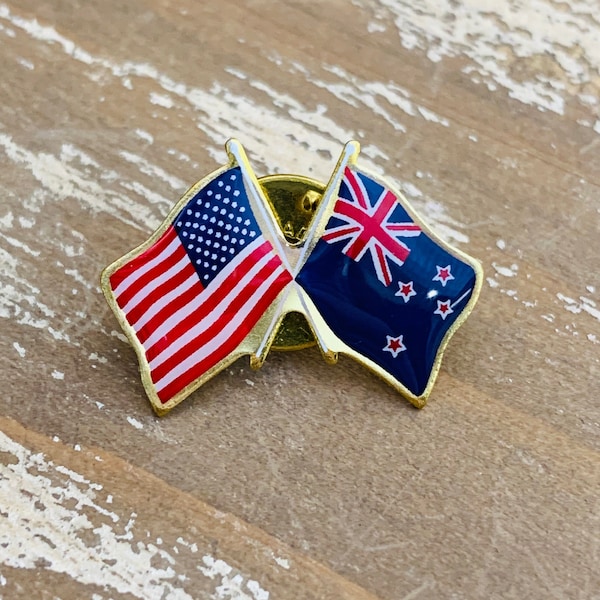 New Zealand and U.S. Double Waving Crossed Flags Friendship Lapel Pin - Made in USA!