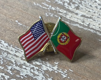 Portugal and U.S. Double Waving Crossed Flags Friendship Lapel Pin - Made in USA!