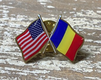 Chad and U.S. Double Waving Crossed Flags Friendship Lapel Pin - Made in USA!