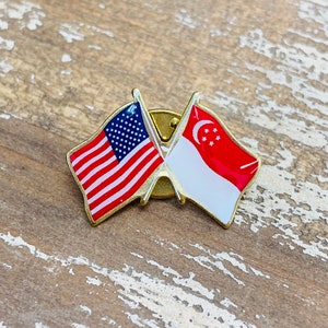 Singapore and U.S. Double Waving Crossed Flags Friendship Lapel Pin - Made in USA!