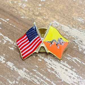 Bhutan and U.S. Double Waving Crossed Flags Friendship Lapel Pin - Made in USA!