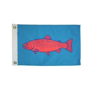 May include: A rectangular flag with a blue background and a red fish illustration. The fish has a detailed outline and is covered in small red dots. The flag has a white border on the left side with metal grommets.